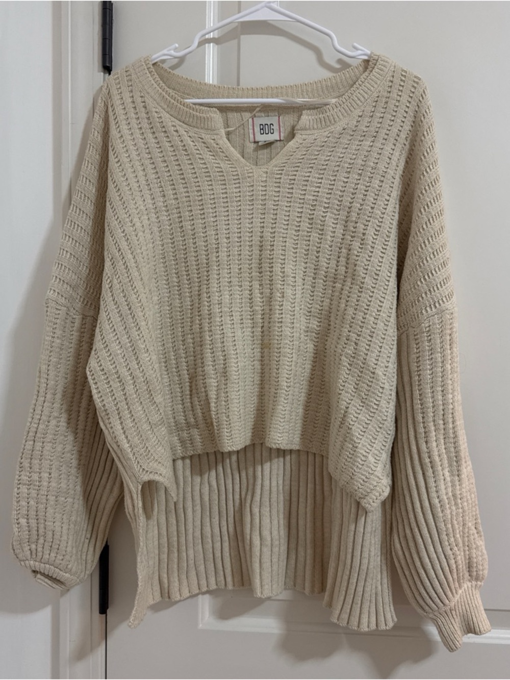 BDG Cream Textured Split-Hem Crew Sweater